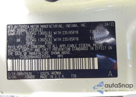 2022 Toyota Highlander Le from USA, damaged, VIN 5TDBZRBH4NS215584